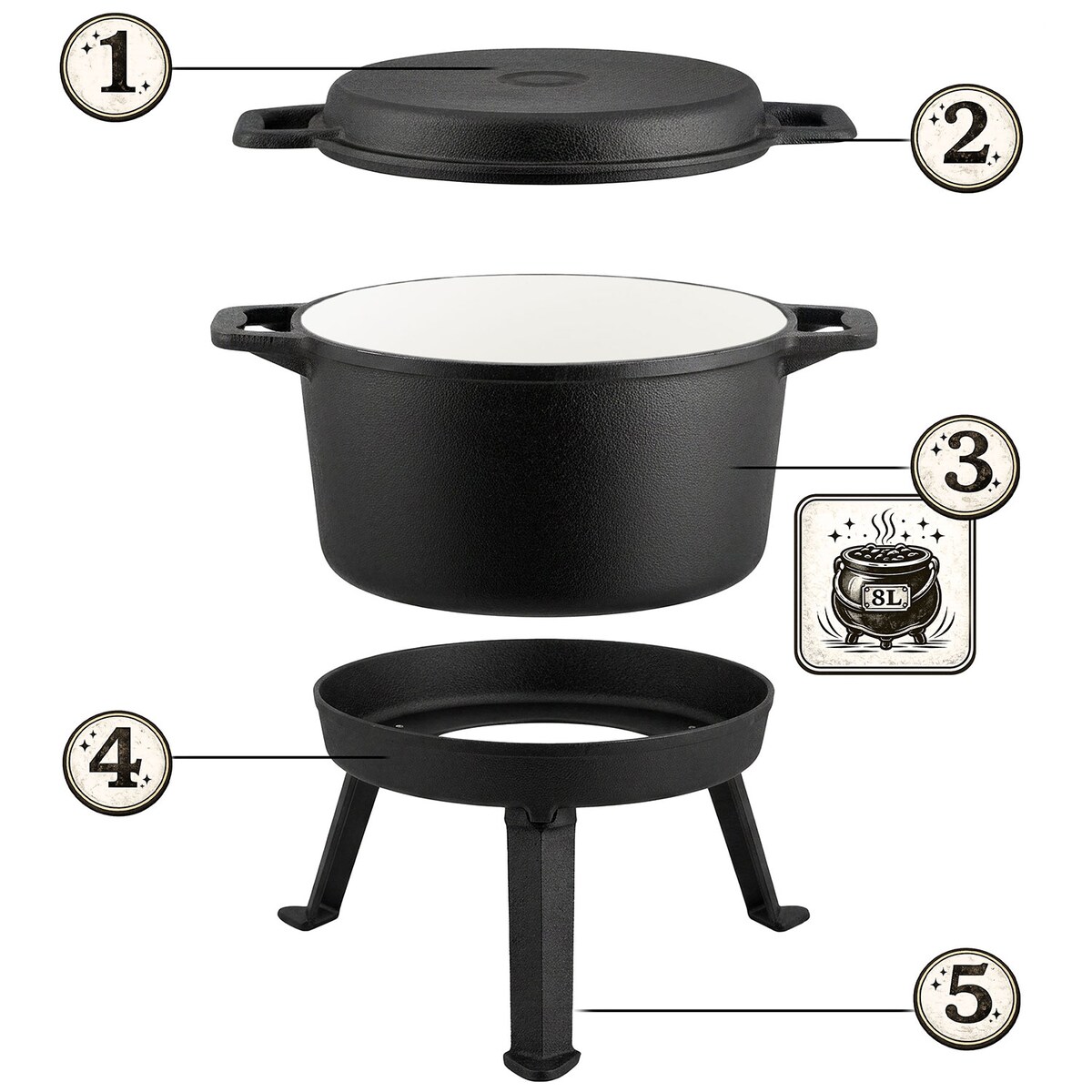 Kociołek żeliwny emaliowany Berdsen BD-480 garnek 8L stojący + patelnia grill + przepisy