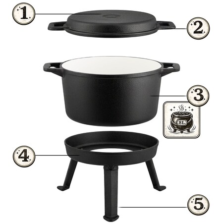 Kociołek żeliwny emaliowany Berdsen BD-480 garnek 8L stojący + patelnia grill + przepisy