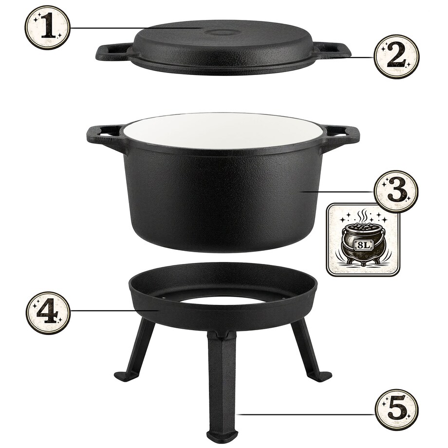 Kociołek żeliwny emaliowany Berdsen BD-480 garnek 8L stojący + patelnia grill + przepisy