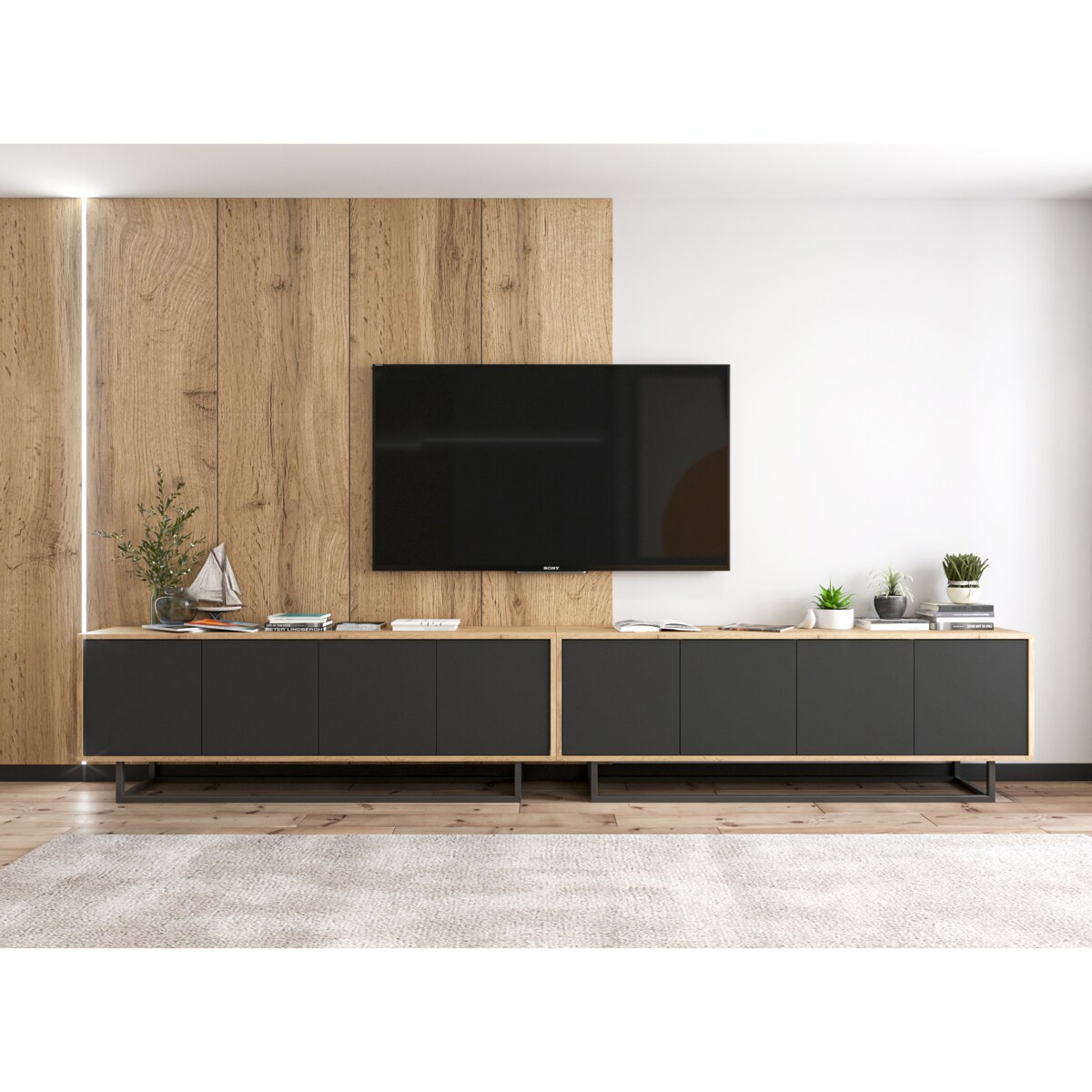 Industrialna Szafka RTV Loft Komoda RTV Dąb Wotan Czarny MAT 150 cm