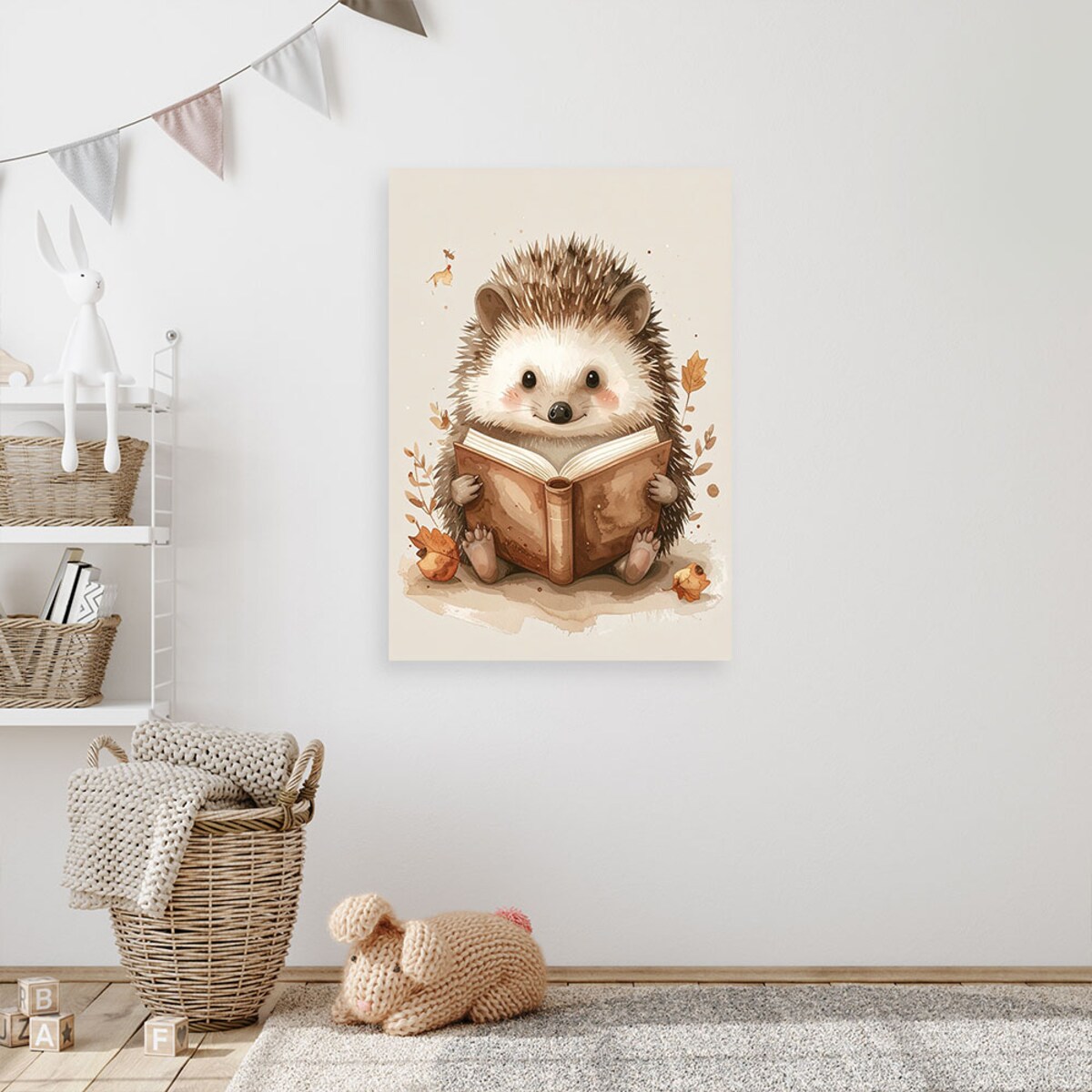 Obraz do pokoju dziecka niemowlaka, Jeż czytajacy książkę zwierzęta leśne 40x60 cm
