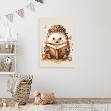 Obraz do pokoju dziecka niemowlaka, Jeż czytajacy książkę zwierzęta leśne 40x60 cm