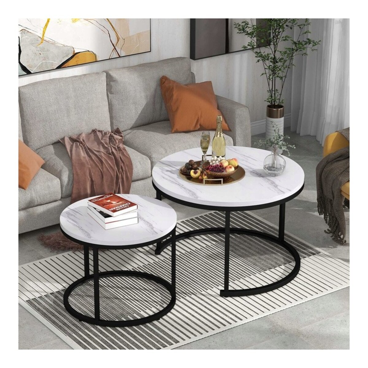 Zestaw okrągłych stolików kawowych 2w1 biały marmur 60 i 80 cm STL14