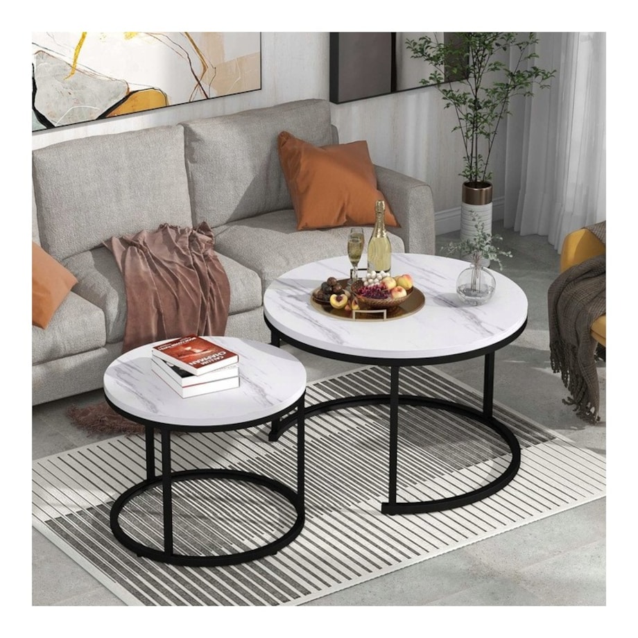 Zestaw okrągłych stolików kawowych 2w1 biały marmur 60 i 80 cm STL14