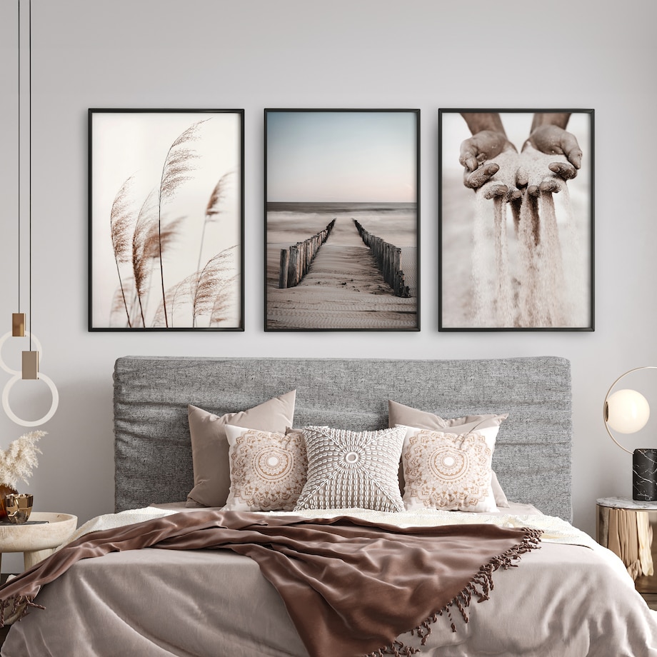ZESTAW X3 PLAKAT W RAMIE PLAŻA MORZE WYDMY STYL BOHO MINIMALIZM 30x40cm