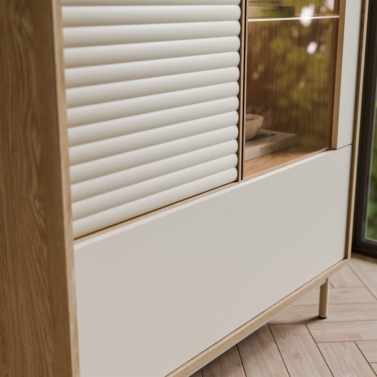 Witryna FLORENCE 2D1W z oświetleniem LED, dąb olejowany / kaszmir