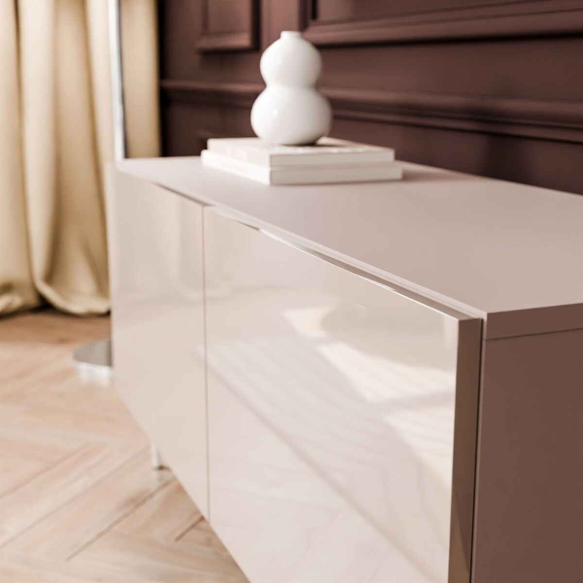 Szafka RTV COLGANTE 100 kaszmir wysoki połysk, oświetlenie LED, nóżki proste srebrne