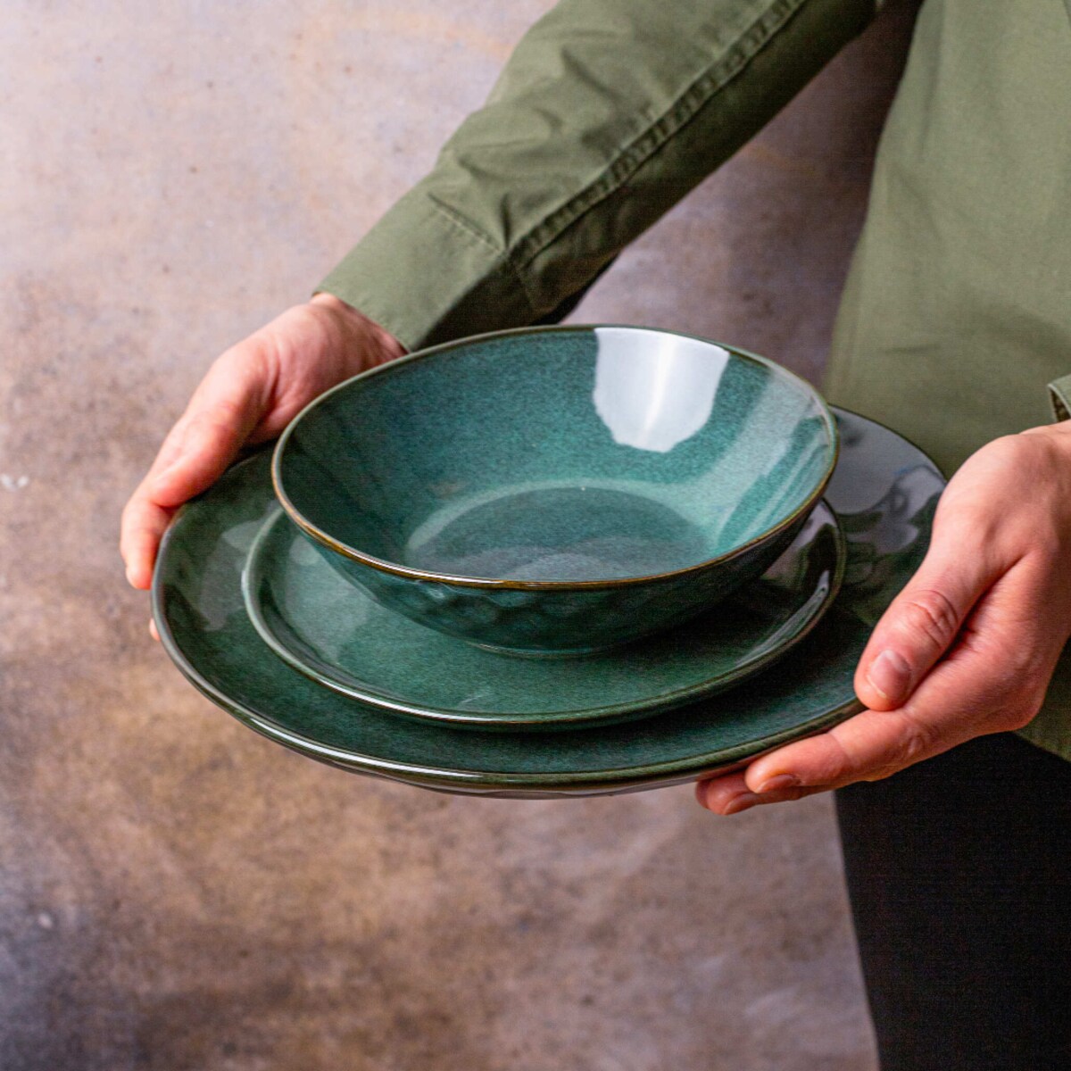 Serwis obiadowy Uminami zielony na 12 osób 36 szt. Nowoczesny Do zmywarki Komplet talerzy