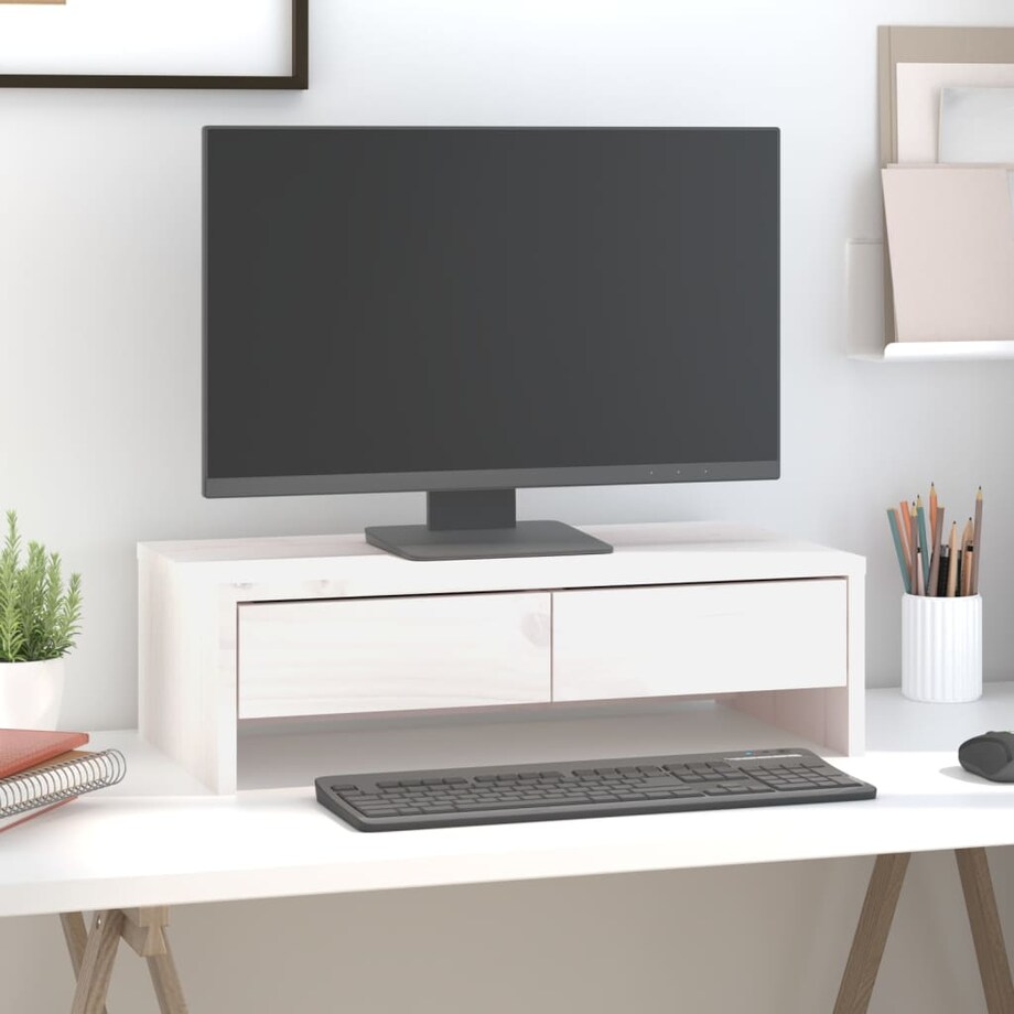 vidaXL Podstawka na monitor, biała, 50x27x15 cm, lite drewno sosnowe