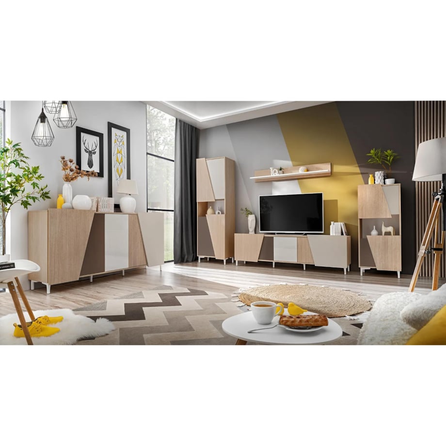 Komoda VISTE 180 dąb/beżowa/biały połysk