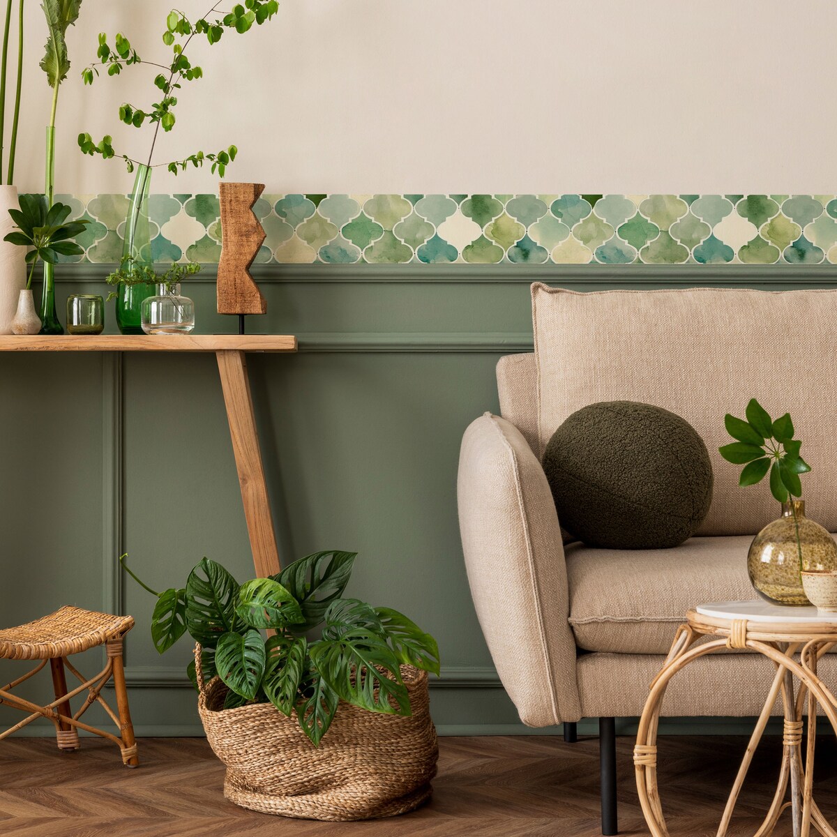 Pasek Dekoracyjny Bordiura Do Tapeta Zielone ORNAMENTY Akwarele Abstrakcja