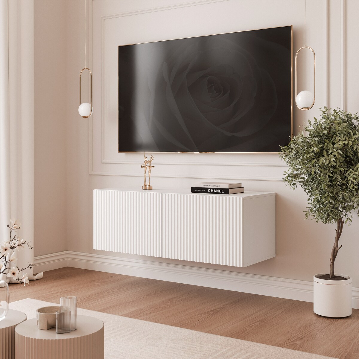 Szafka RTV wisząca BIAŁA ANGEL ryflowana 100 cm z oświetleniem LED