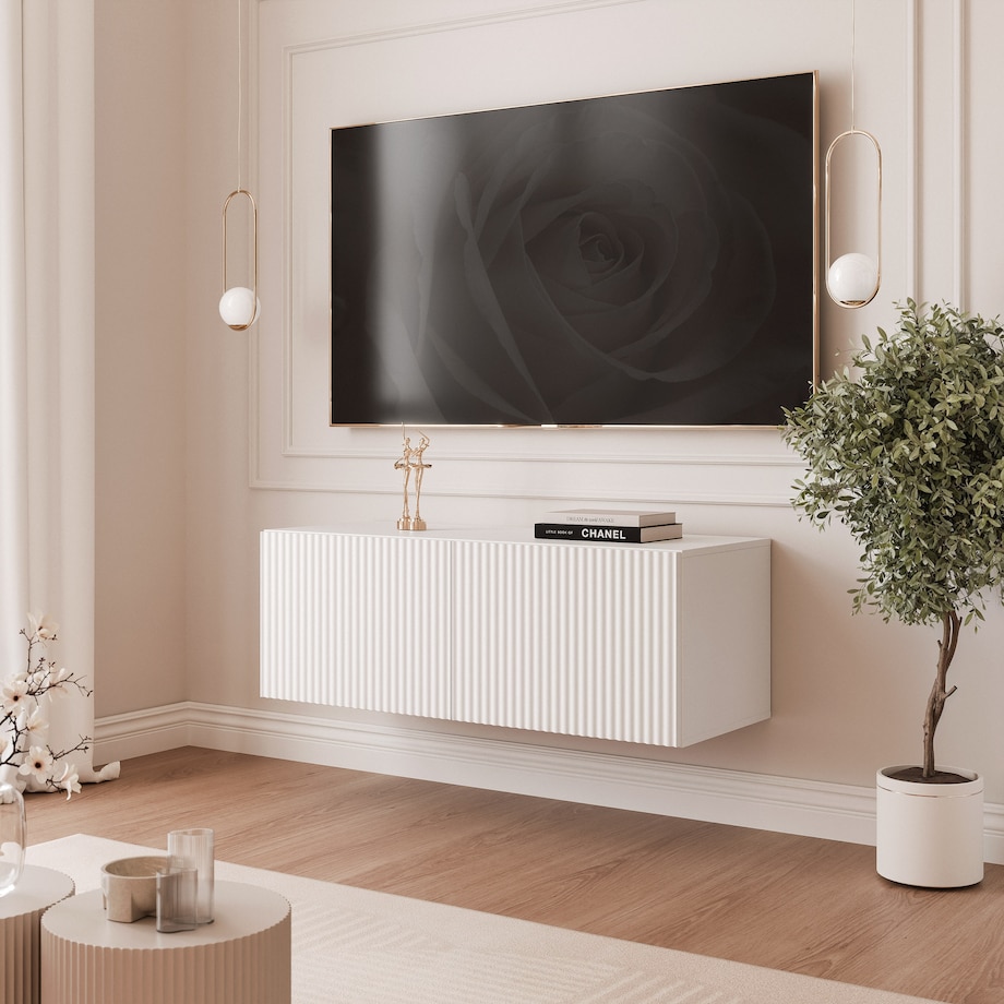 Szafka RTV wisząca BIAŁA ANGEL ryflowana 100 cm z oświetleniem LED