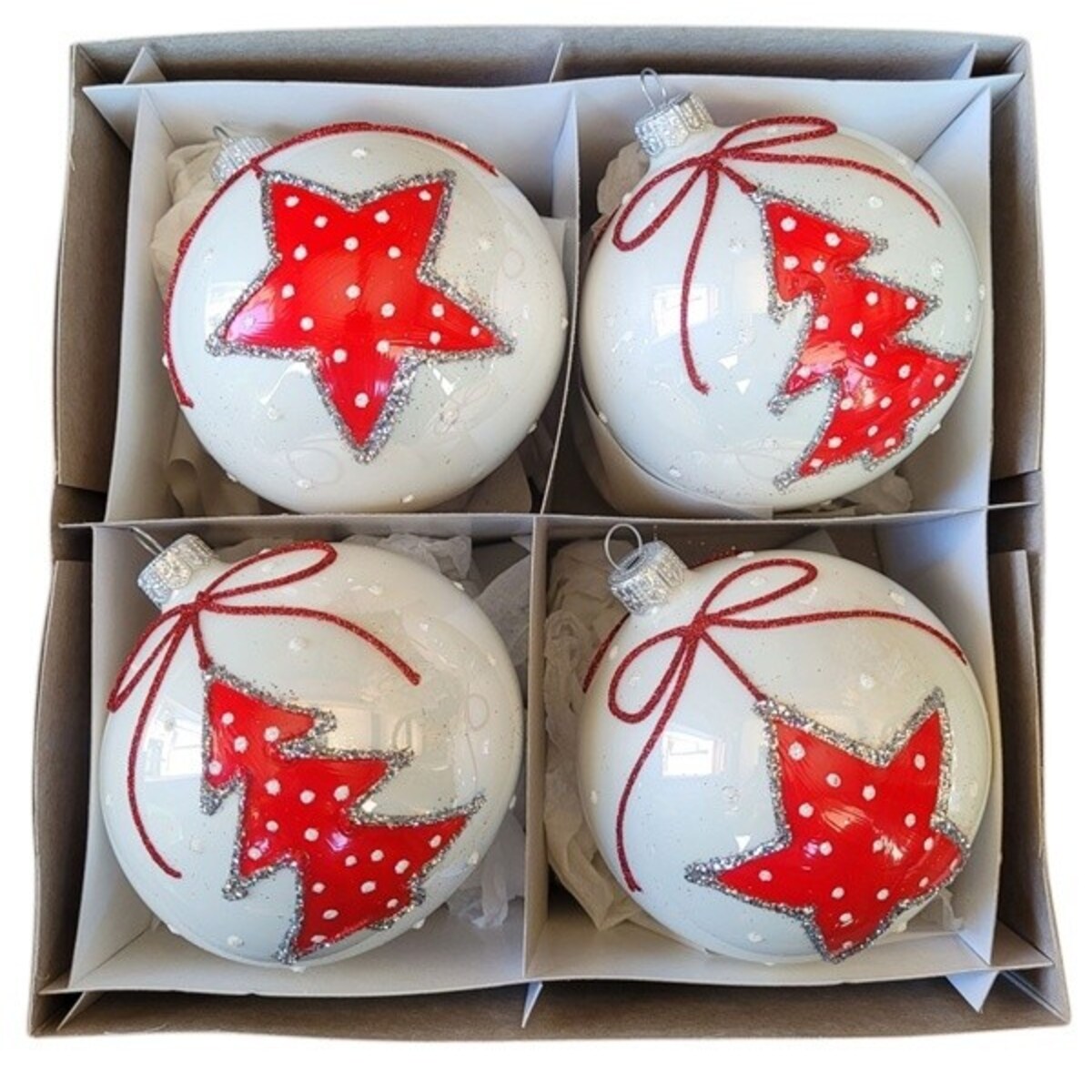 Bombka szklana 4 szt. Ø 10 cm GIOIA biało-czerwona