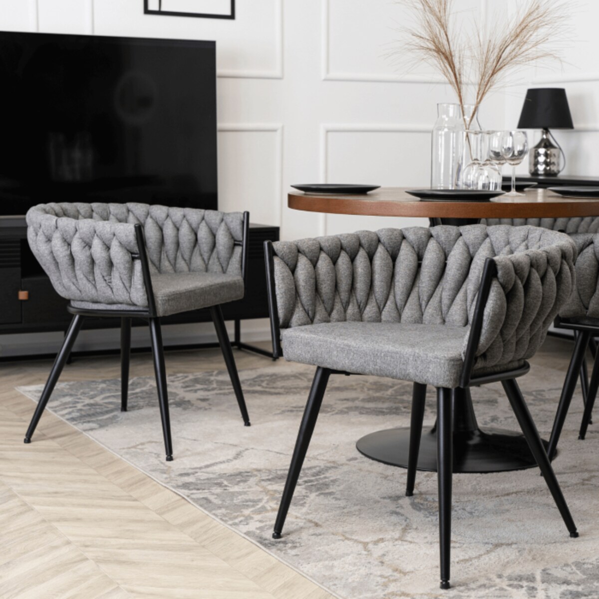 Krzesło Tapicerowane Szare Plecione Do Salonu Glamour EMPOLI