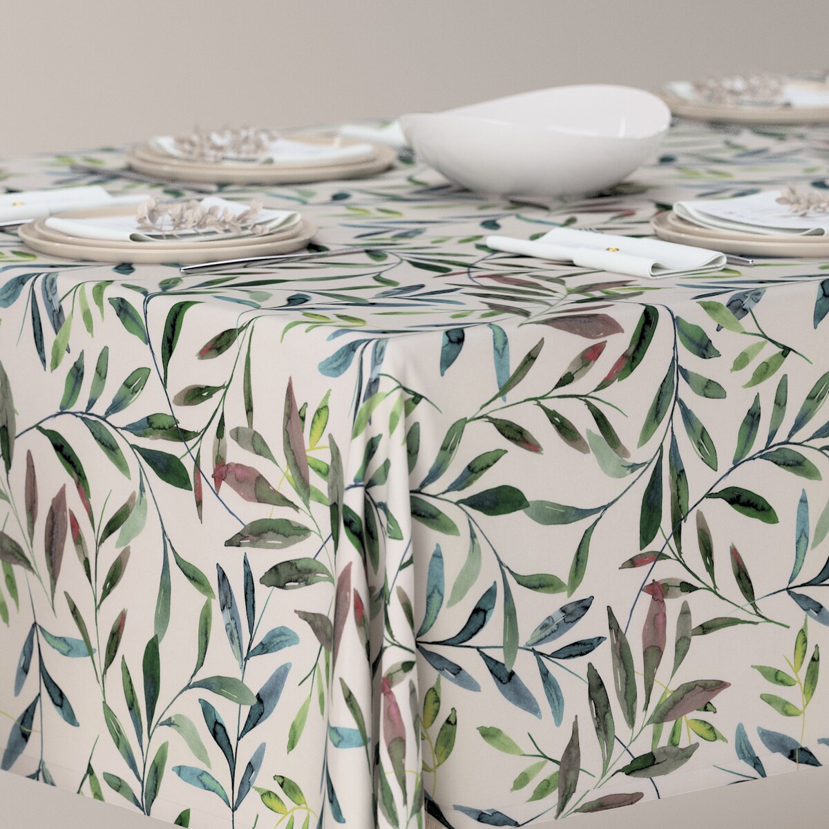 Obrus prostokątny 130 x 130 cm zielone gałązki na białym tle