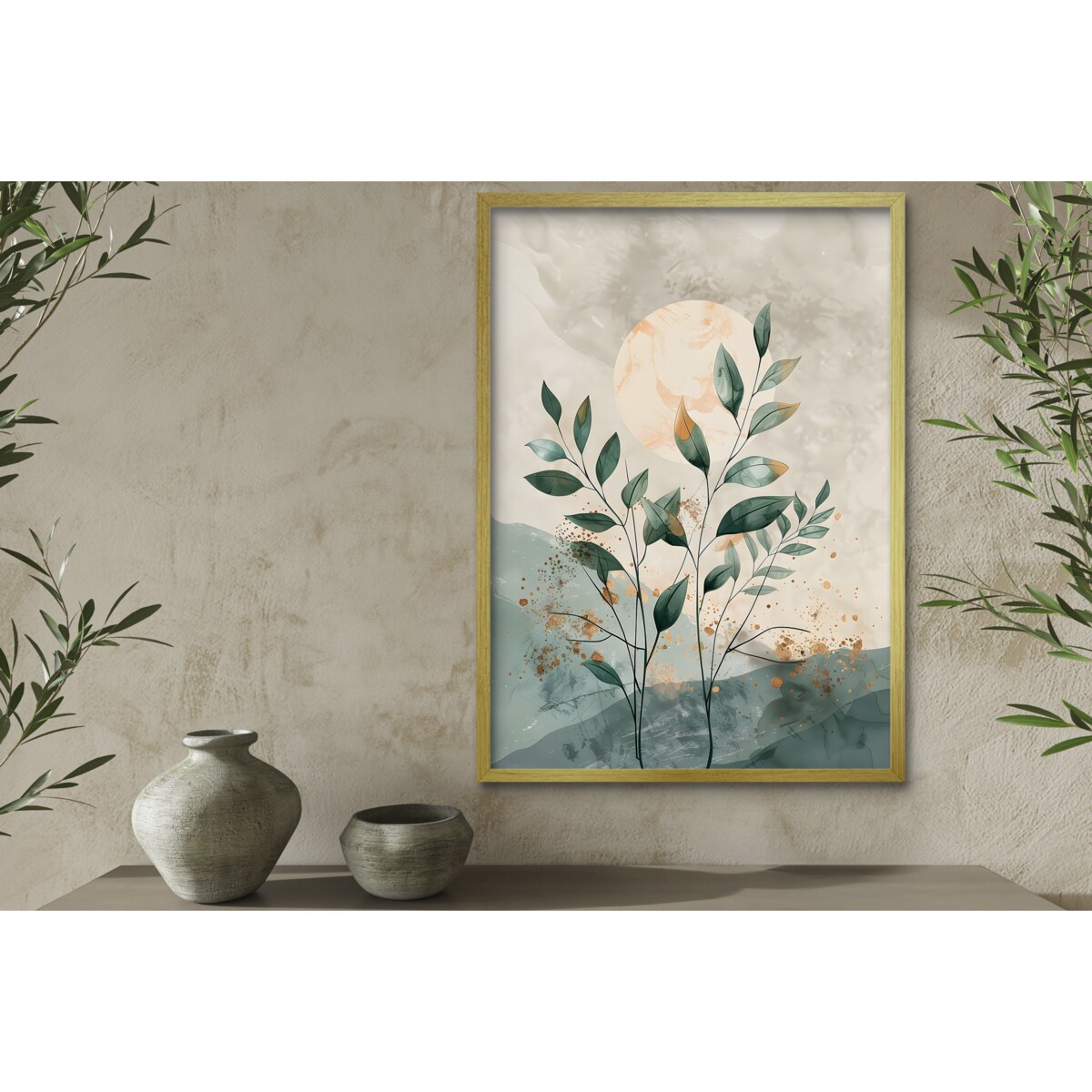 Minimalistyczny Obraz ścienny Plakat na ścianę Złota rama Zielone Liście Boho
