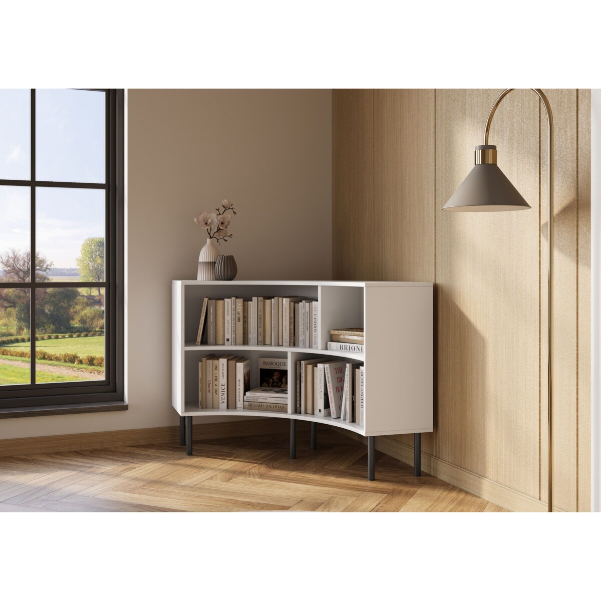 Nowoczesny narożny niski regał na książki Skandica HORN z czarnymi nogami / biały / szer. 100 cm