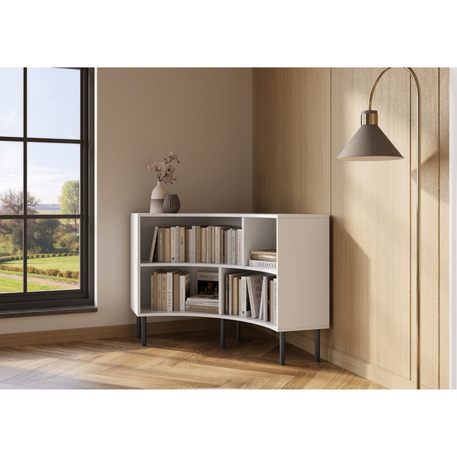 Nowoczesny narożny niski regał na książki Skandica HORN z czarnymi nogami / biały / szer. 100 cm