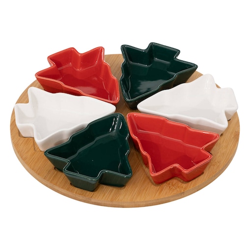 Komplet 6 miseczek w kształcie choinki, na bambusowej tacy, Ø 27 cm