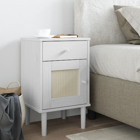 vidaXL Szafka nocna SENJA, imitacja rattanu, biała, 40x35x65 cm, sosna