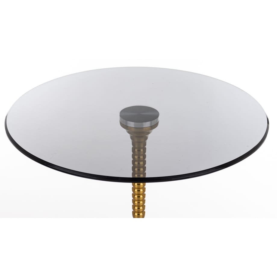 Stolik kawowy na złotej nodze ze szklanym blatem