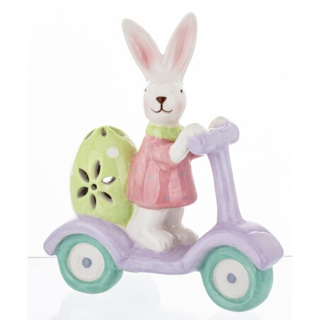 Dekoracja - króliczka na hulajnodze 14,2x5,5x12 cm z zieloną pisanką