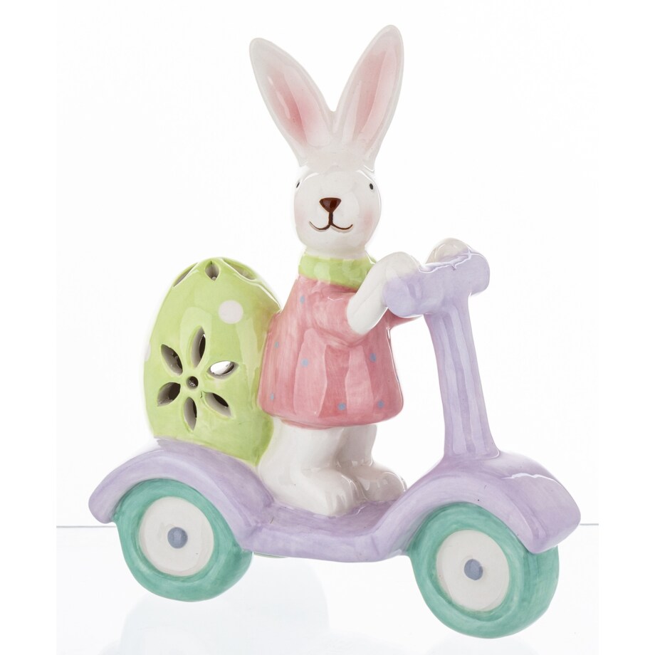 Dekoracja - króliczka na hulajnodze 14,2x5,5x12 cm z zieloną pisanką