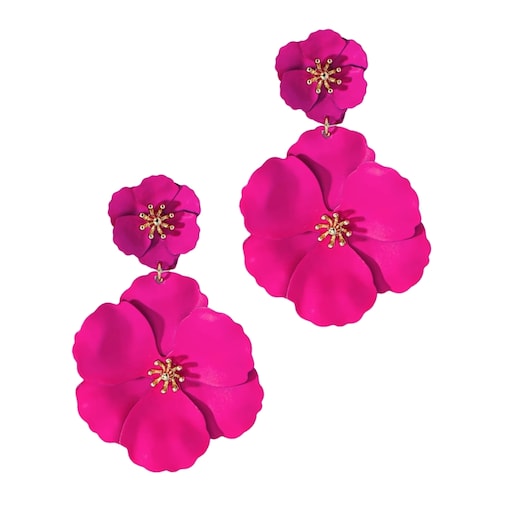 Kolczyki neonowe żywe kwiaty FUKSJA różowe wiszące długie złote ozdobne