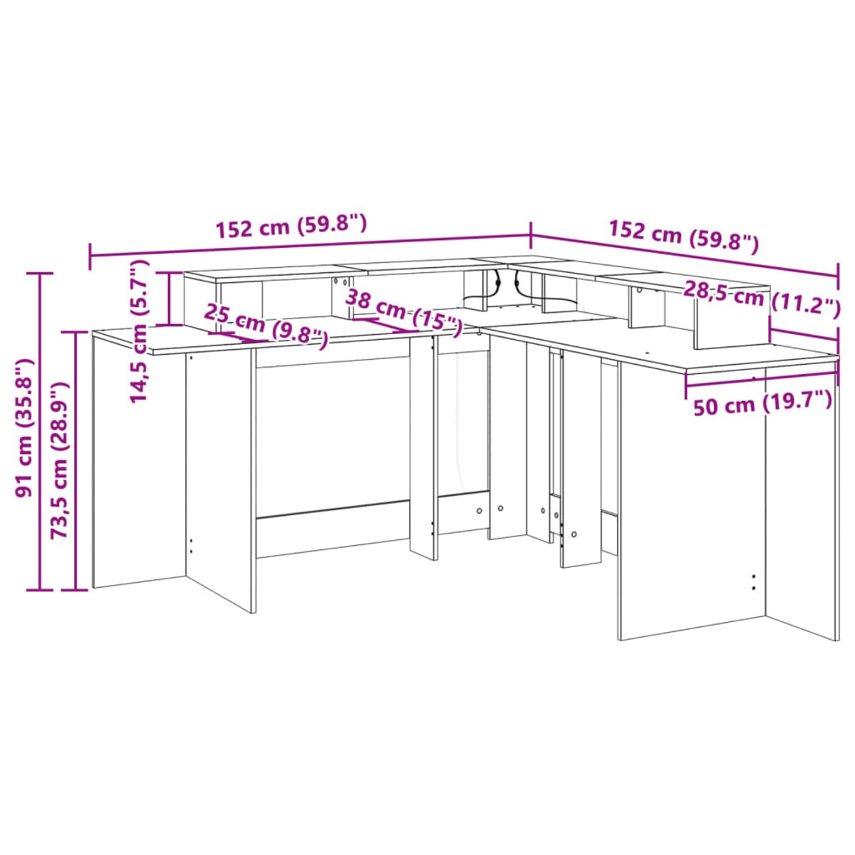 vidaXL Biurko z podświetleniem LED, białe, 152x152x91 cm