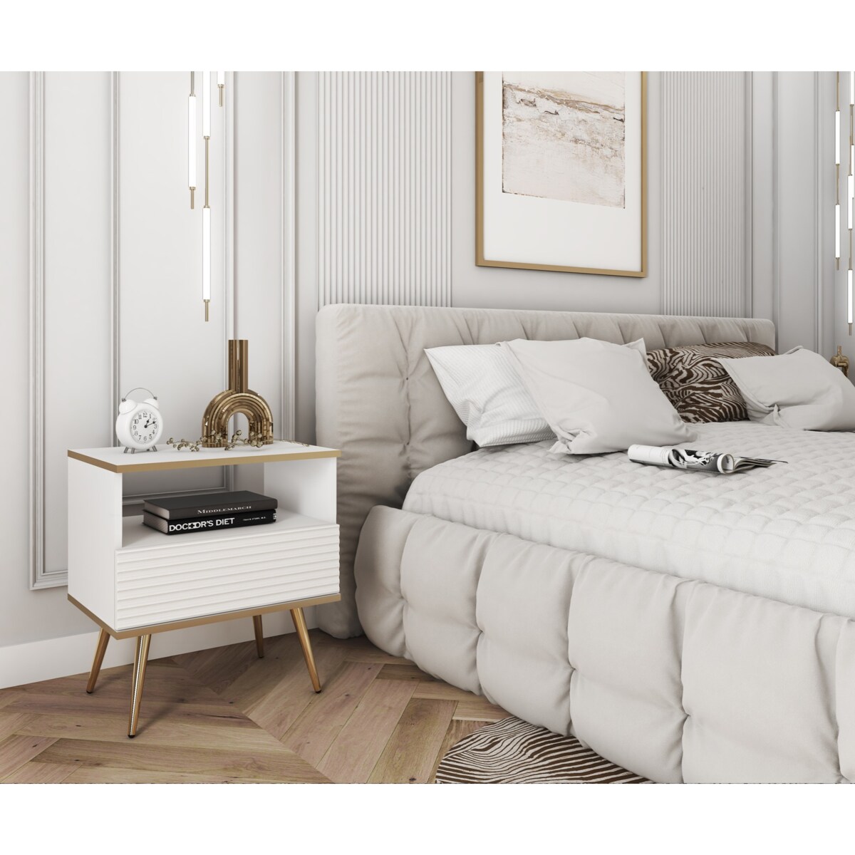 Szafka nocna ryflowana POLO na wysokich nóżkach z jedną szufladą, biała