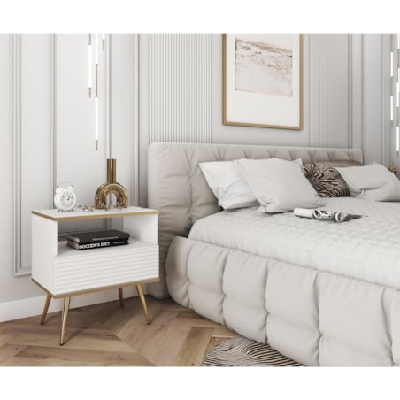 Szafka nocna ryflowana POLO na wysokich nóżkach z jedną szufladą, biała