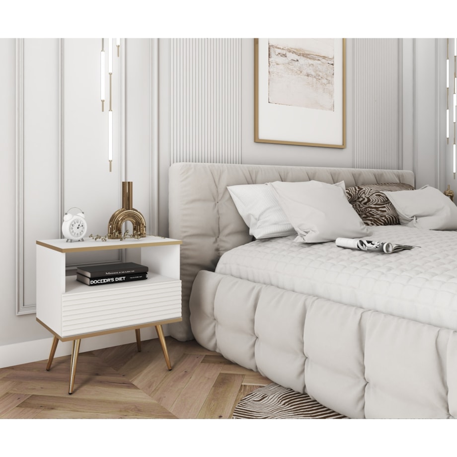 Szafka nocna ryflowana POLO na wysokich nóżkach z jedną szufladą, biała
