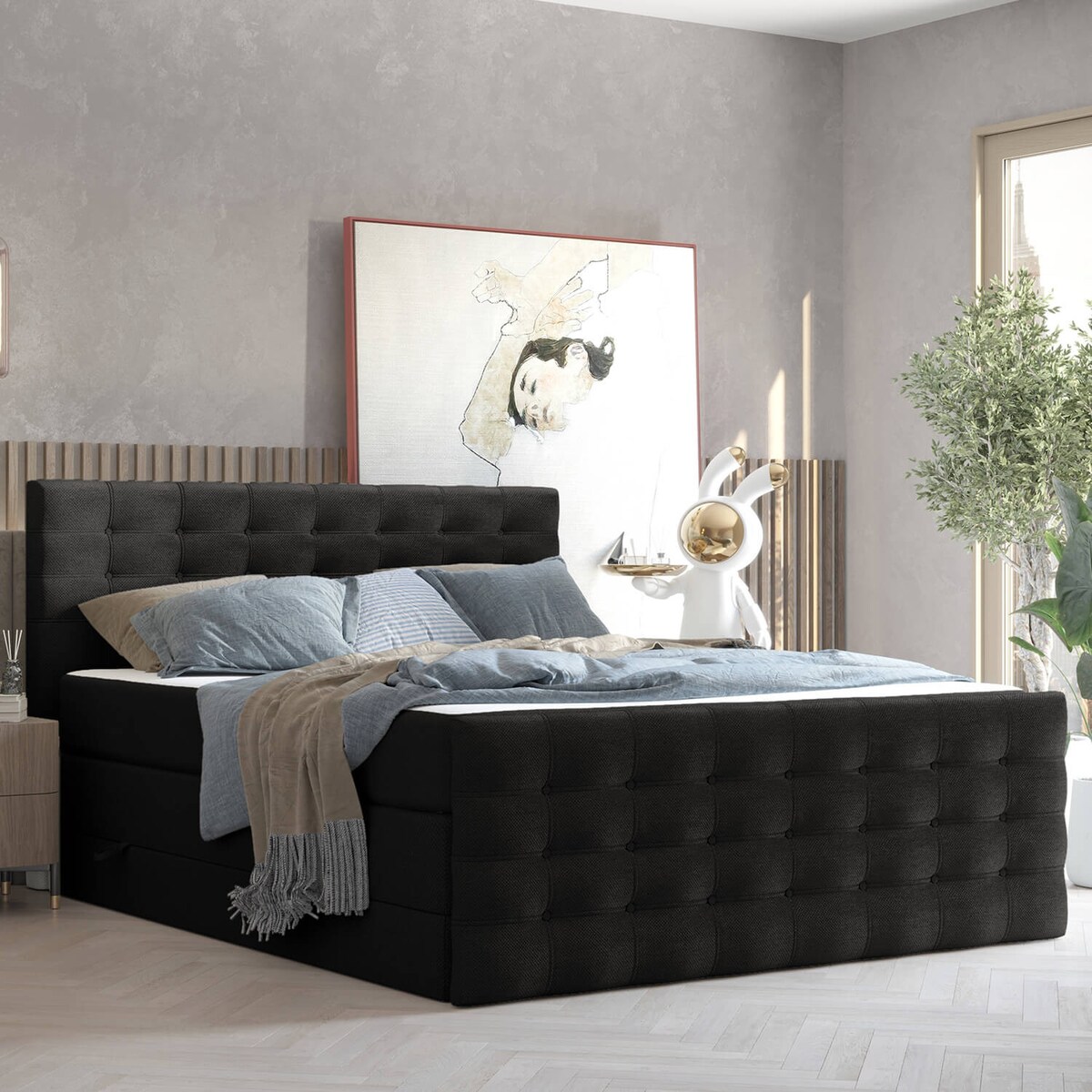 Łóżko kontynentalne STATE 120x200 z pojemnikiem, Czarny, tkanina Megan 368