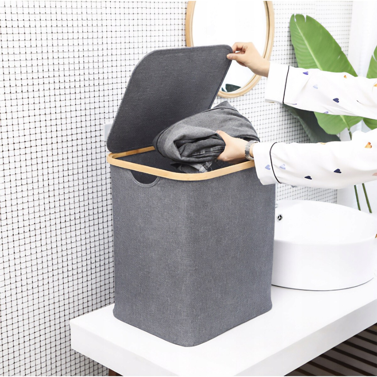 Kosz na pranie 80 L BAMBUSOWY składany szary