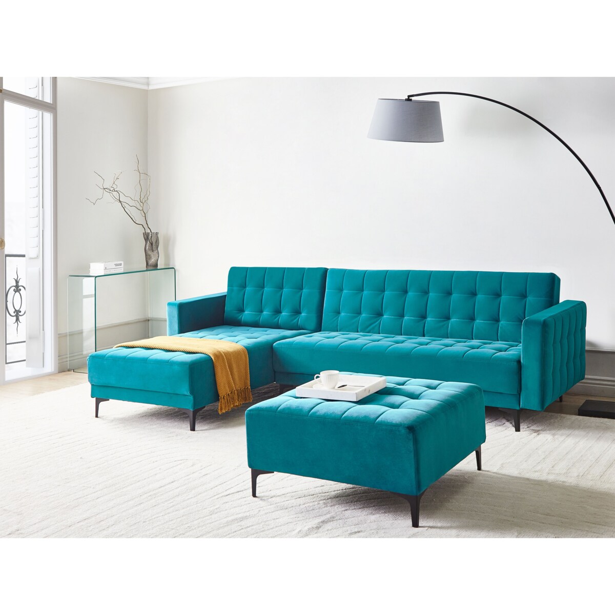 Sofa prawostronna rozkładana welurowa morska ABERDEEN