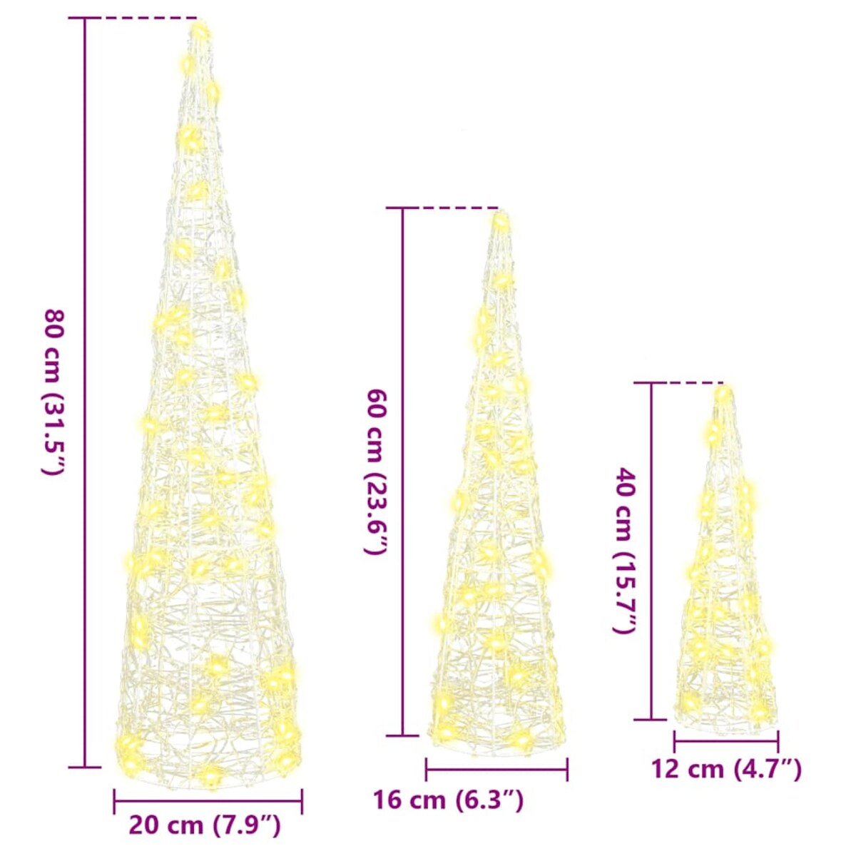 vidaXL Choinka 3 pcs Ciepła biel 20 x 20 x 80 cm Akryl