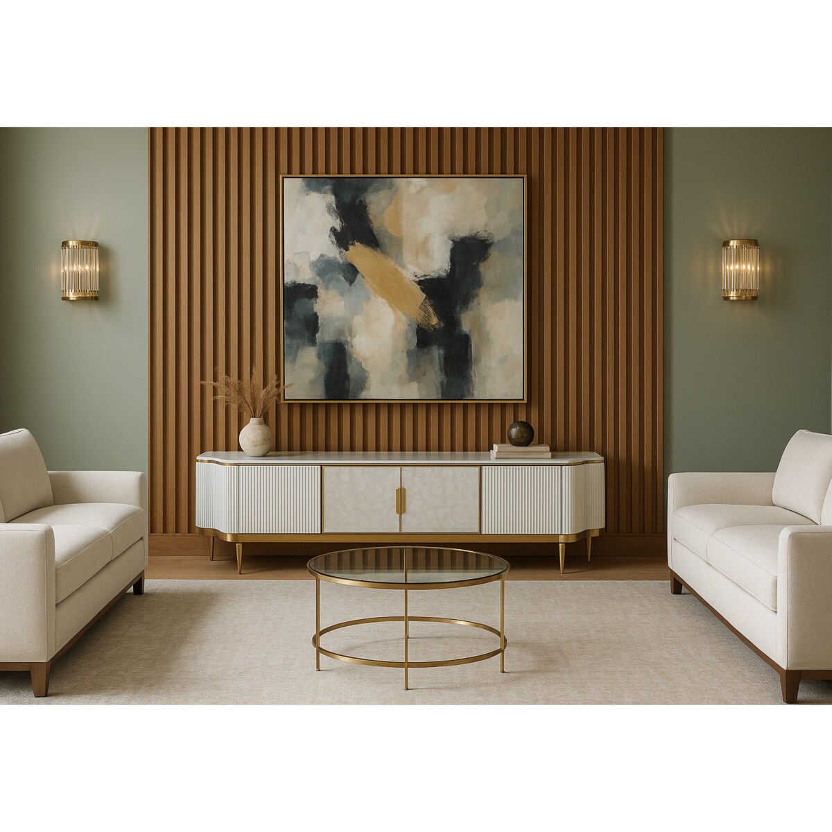 Ryflowana szafka RTV kremowo - złota Champion Glamour Premium z muszelkami z blatem marmurowym 200x40x52