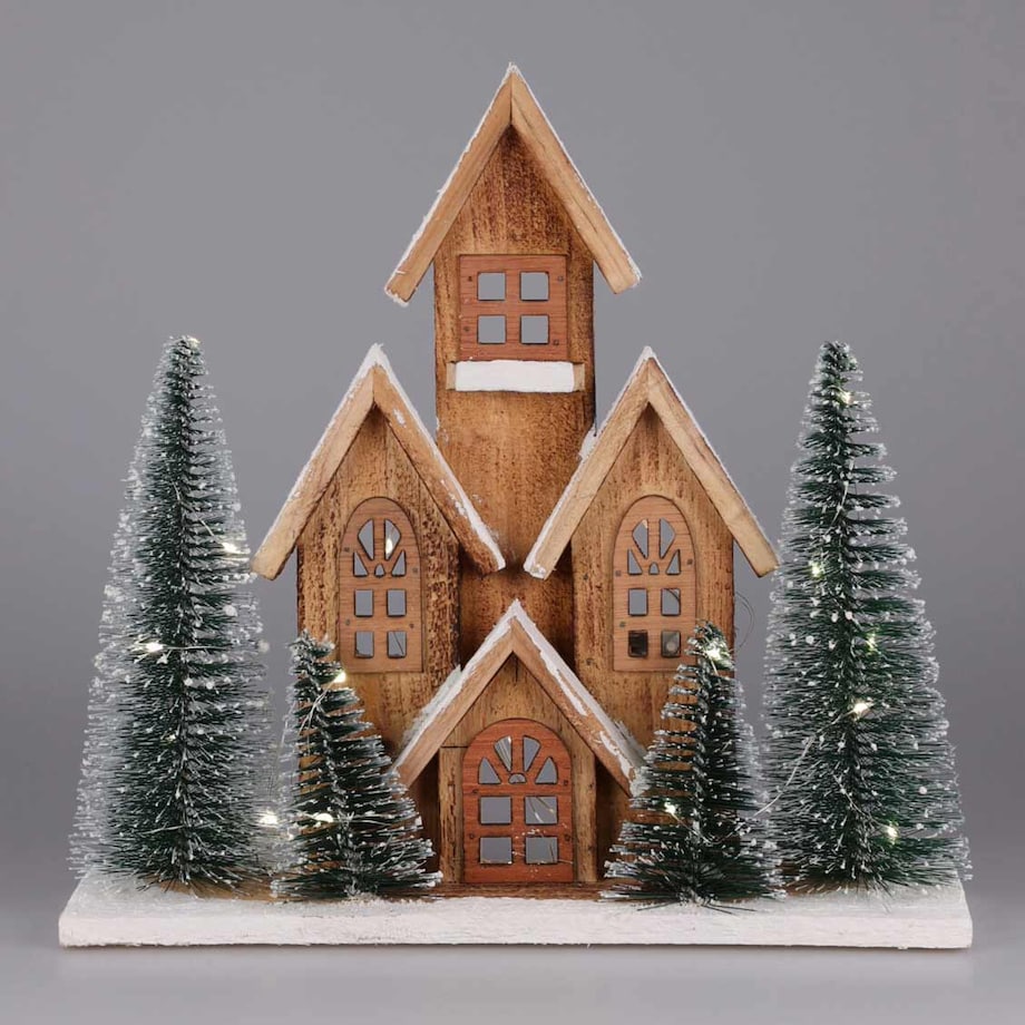 Figurka z drewna jodłowego z LED Dom, 30 cm
