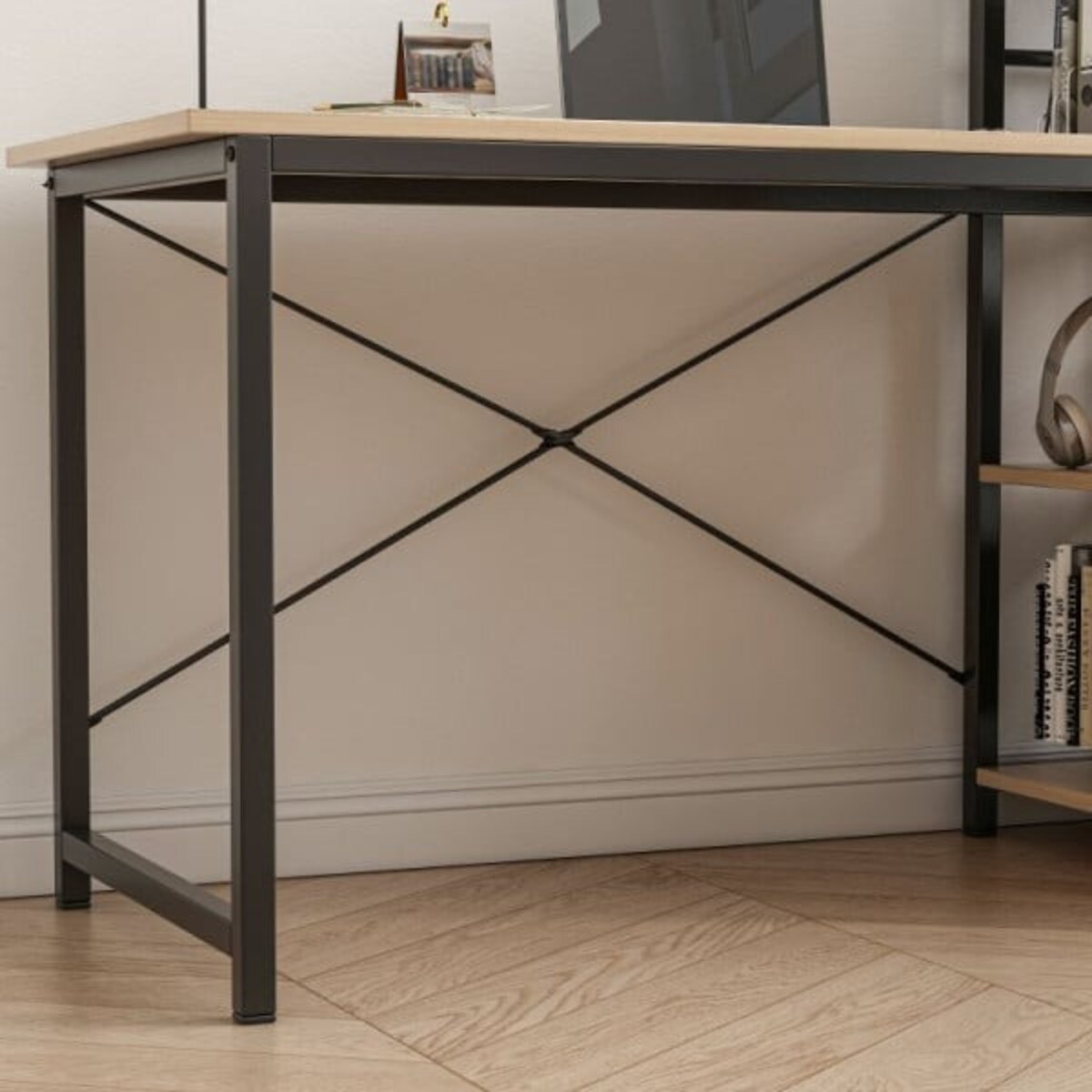 Biurko komputerowe z regałem półkami nowoczesne metalowe loft jasny brąz