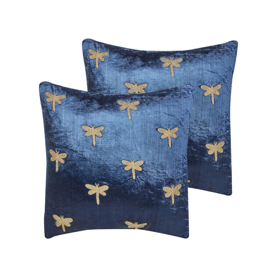 2 poduszki dekoracyjne welurowe motyw ważki 45 x 45 cm granatowe BLUESTEM