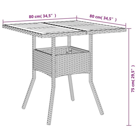 vidaXL Stół ogrodowy z akacjowym blatem, szary, 80x80x75 cm, rattan PE