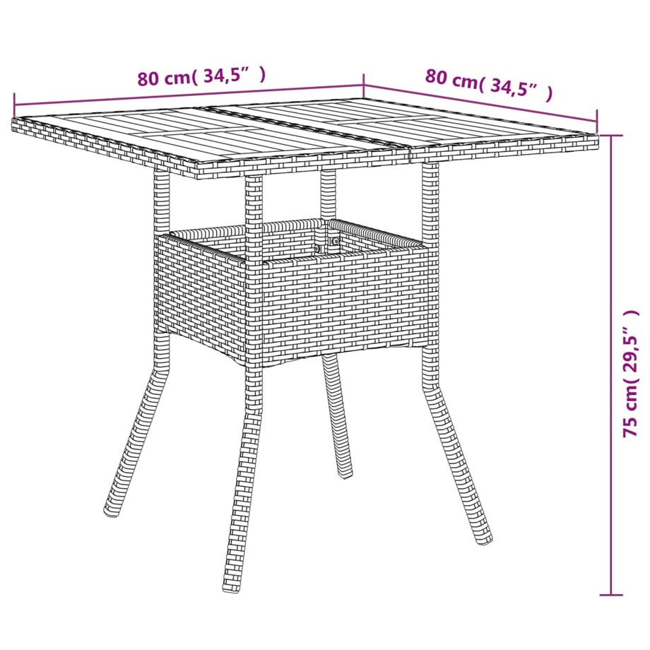 vidaXL Stół ogrodowy z akacjowym blatem, szary, 80x80x75 cm, rattan PE