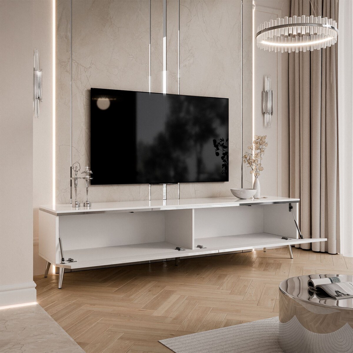 Szafka RTV AURORA SILVER 180 cm biały połysk nogi skośne LED