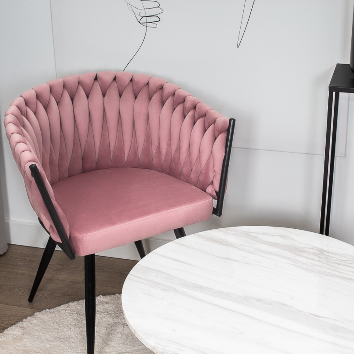 Krzesło tapicerowane do salonu glamour welurowe plecione różowe