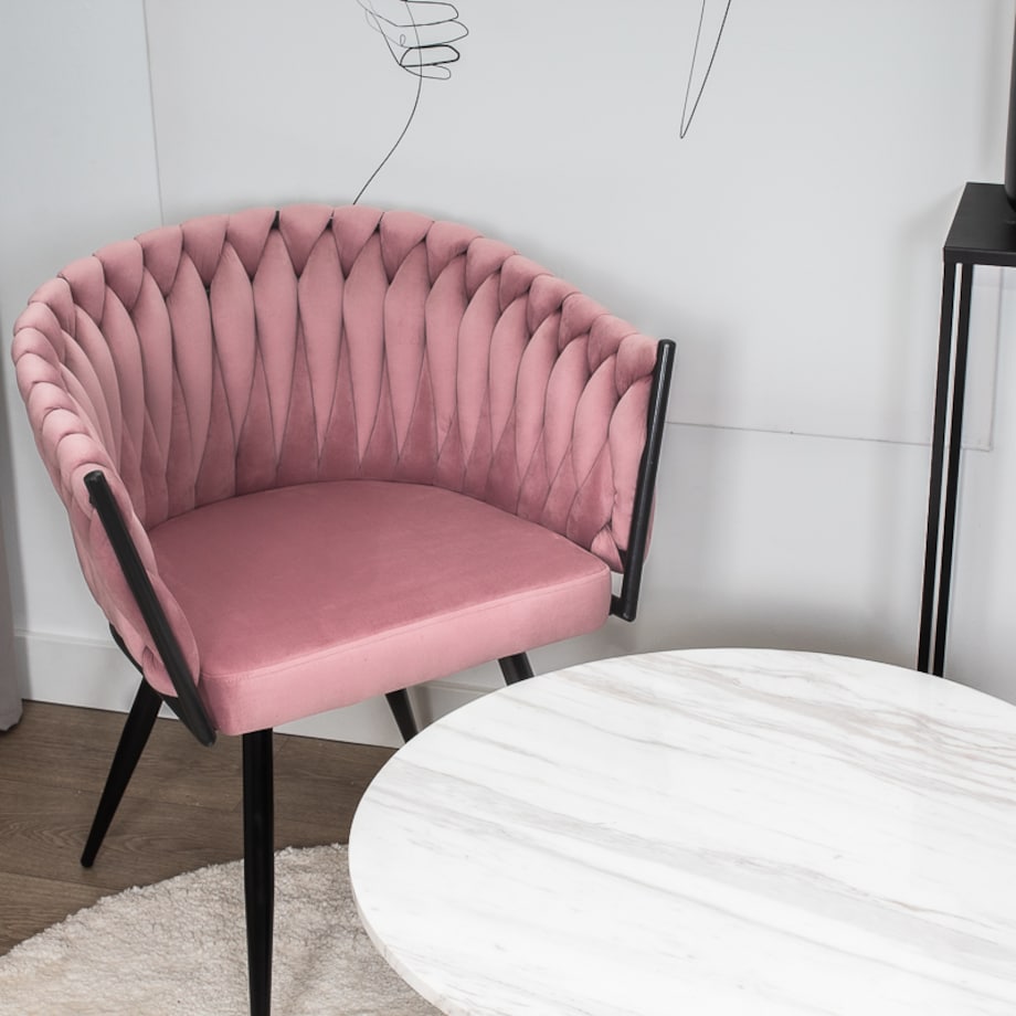 Krzesło tapicerowane do salonu glamour welurowe plecione różowe