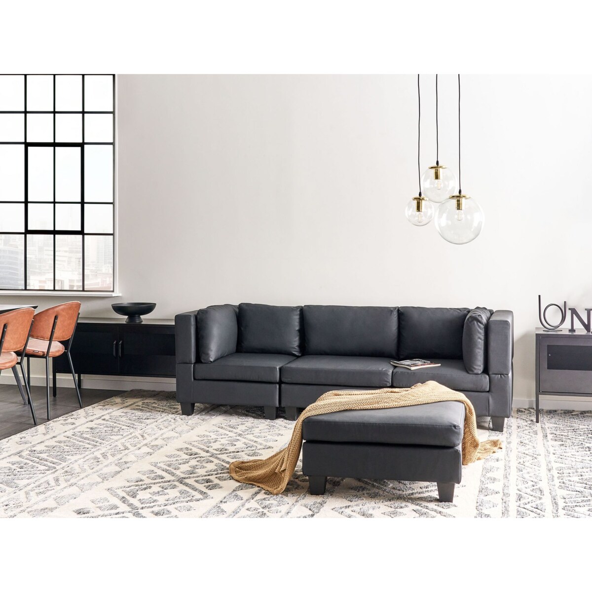 Sofa modułowa 3-osobowa z otomaną ekoskóra czarna UNSTAD