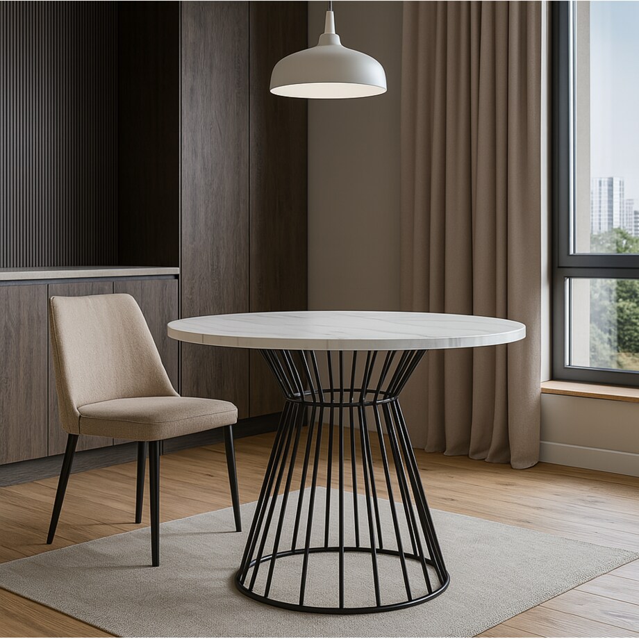 Okrągły stół Reo do salonu z metalową podstawą, blat 110 cm- jasny marmur