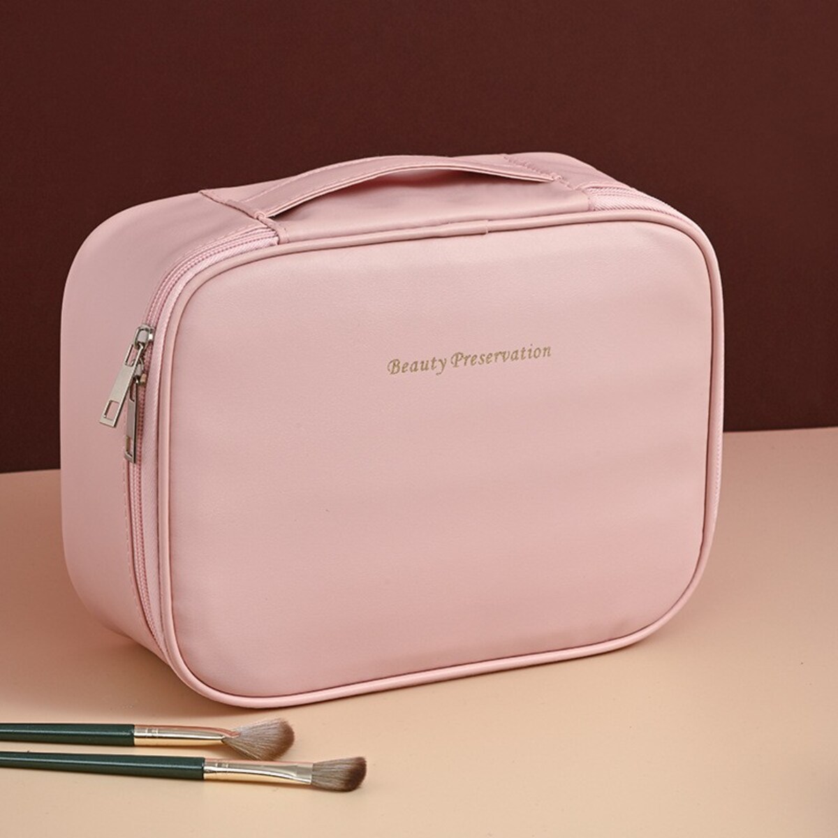 Kosmetyczka rozkładana elegancka kuferek etui z ekoskóry róż KS146R