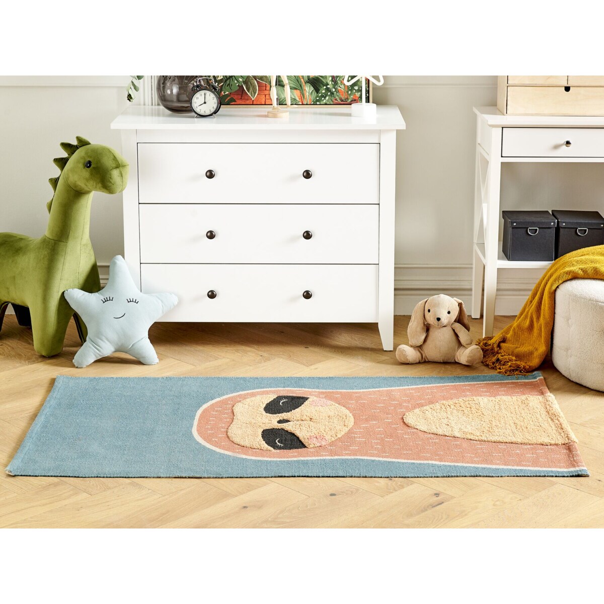 Dywan dziecięcy bawełniany motyw leniwca 80 x 150 cm niebiesko-pomarańczowy ISAK